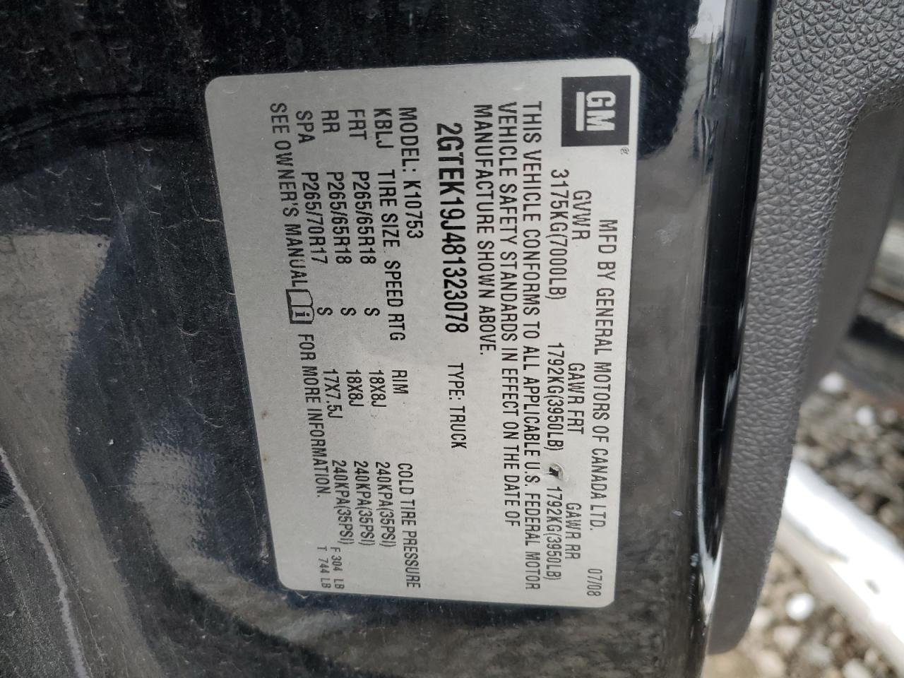 2008 GMC Sierra K1500 VIN: 2GTEK19J481323078 Lot: 91576955