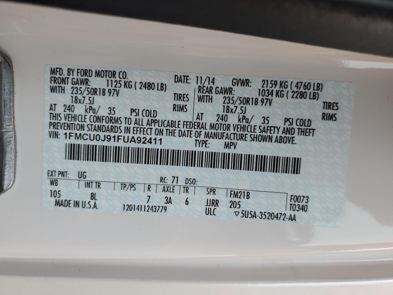 2015 Ford Escape Titanium VIN: 1FMCU0J91FUA92411 Lot: 93343675