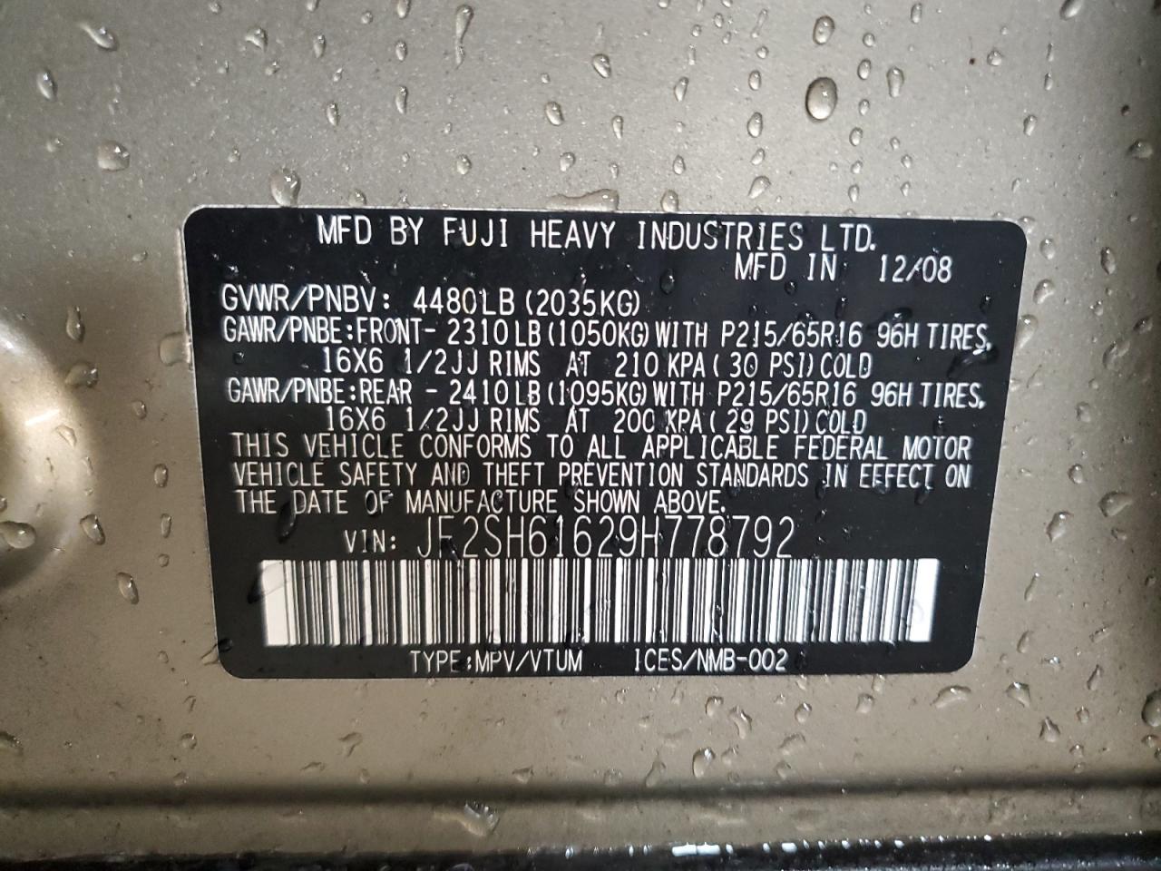 2009 Subaru Forester 2.5X VIN: JF2SH61629H778792 Lot: 93151375