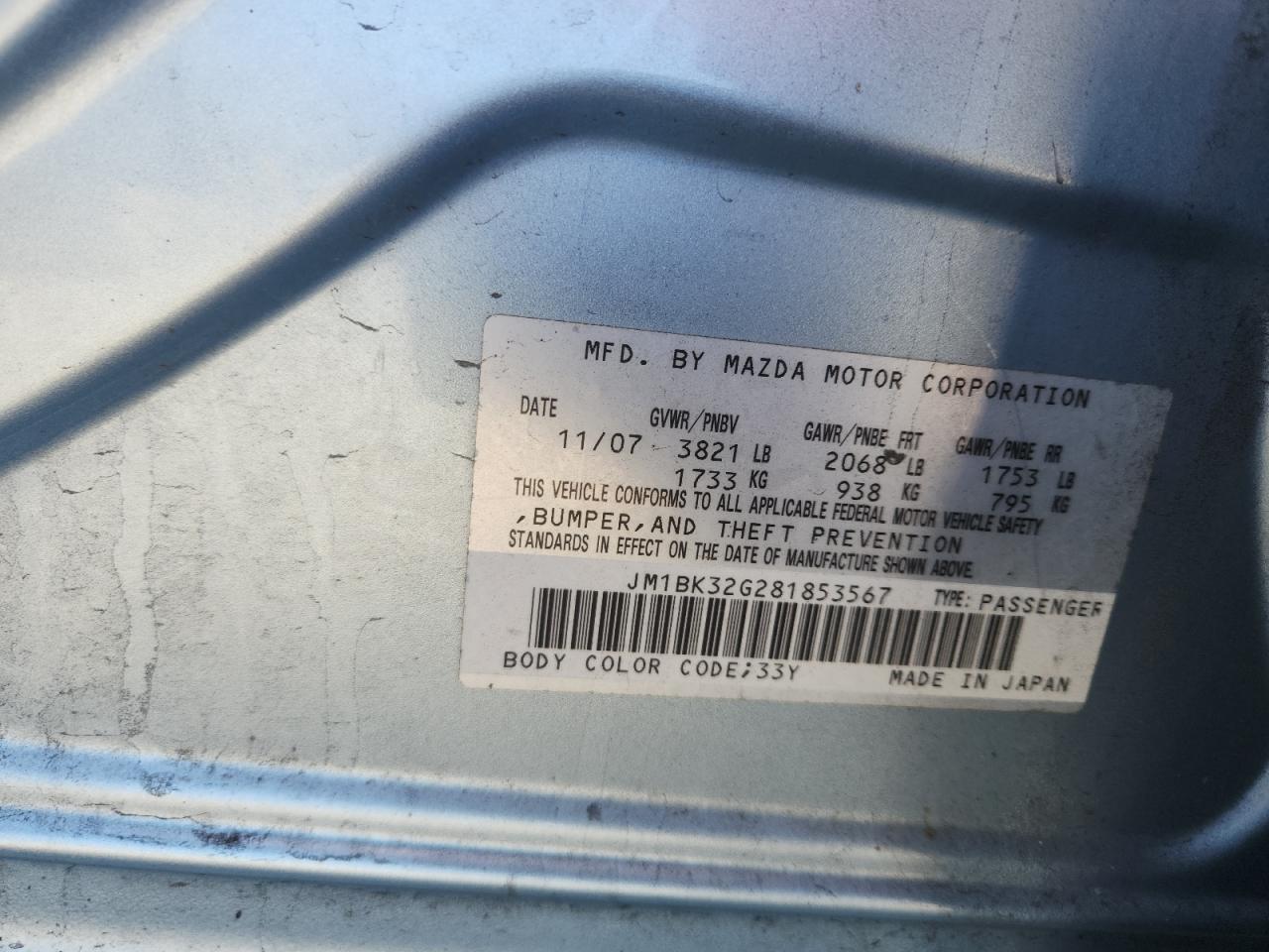 2008 Mazda 3 I VIN: JM1BK32G281853567 Lot: 92482305