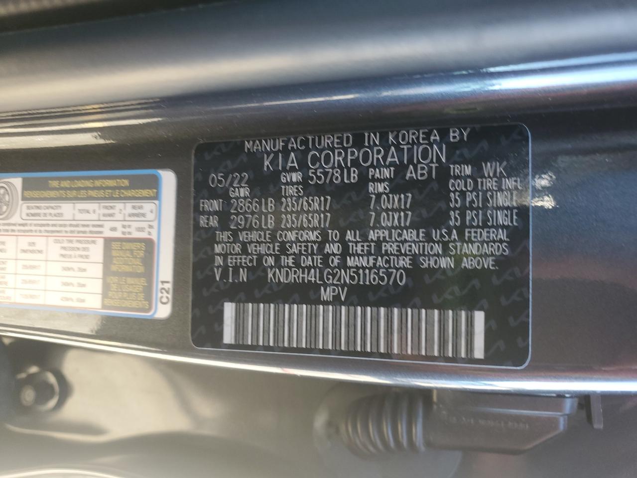 2022 Kia Sorento Ex VIN: KNDRH4LG2N5116570 Lot: 90859565