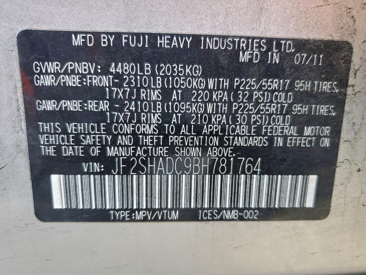 2011 Subaru Forester 2.5X Premium VIN: JF2SHADC9BH781764 Lot: 94292375