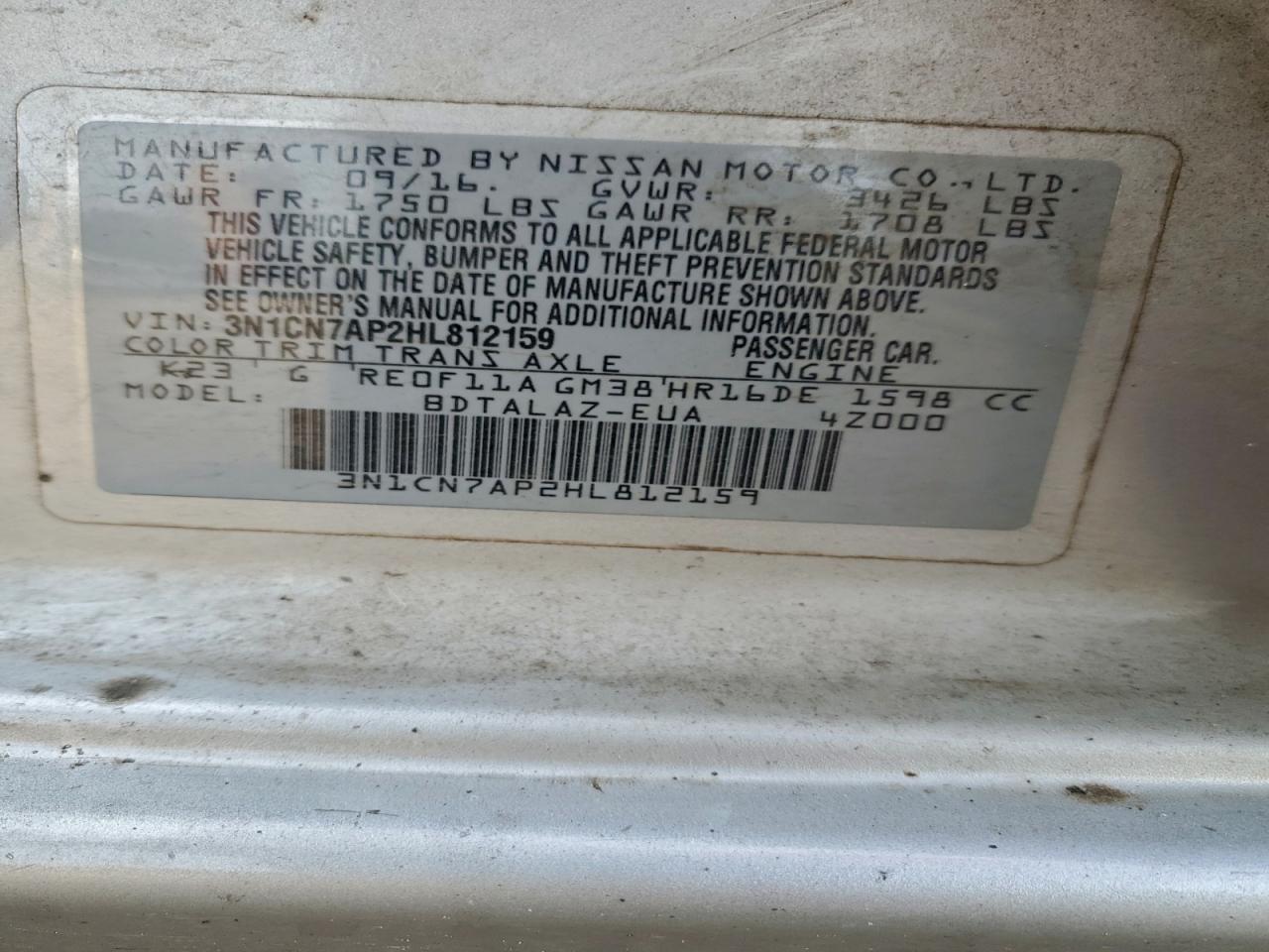 2017 Nissan Versa S VIN: 3N1CN7AP2HL812159 Lot: 93704295