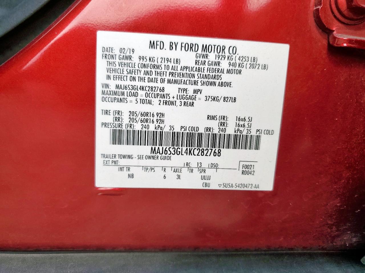 2019 Ford Ecosport Se VIN: MAJ6S3GL4KC282768 Lot: 92895095