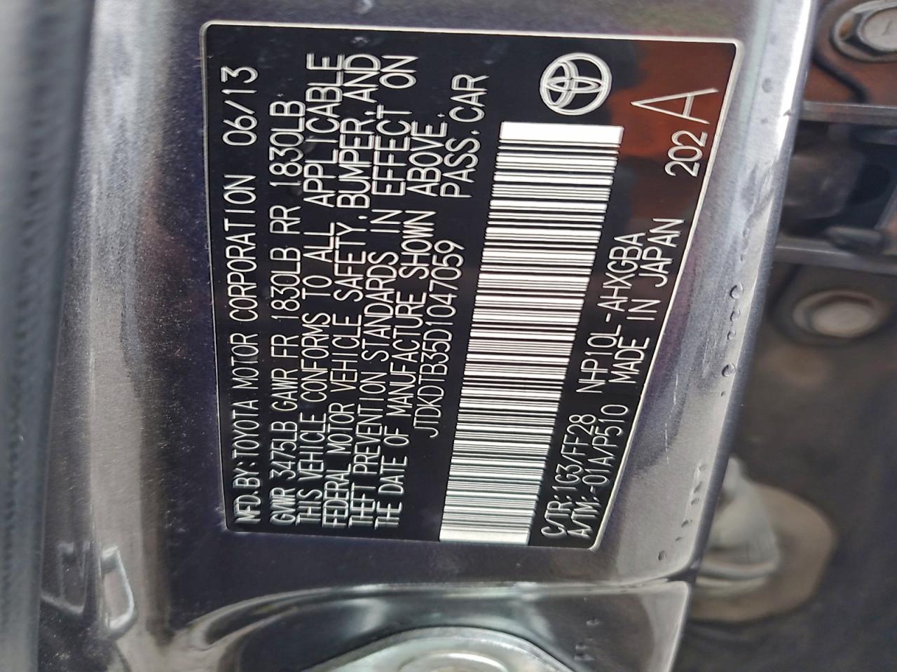 2013 Toyota Prius C VIN: JTDKDTB35D1047059 Lot: 94086115