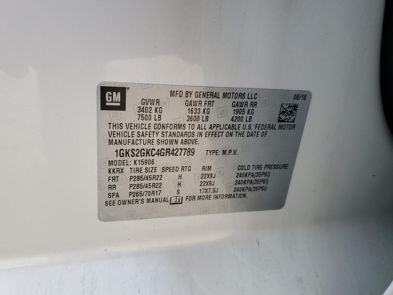 2016 GMC Yukon Xl K1500 Slt VIN: 1GKS2GKC4GR427789 Lot: 93344725