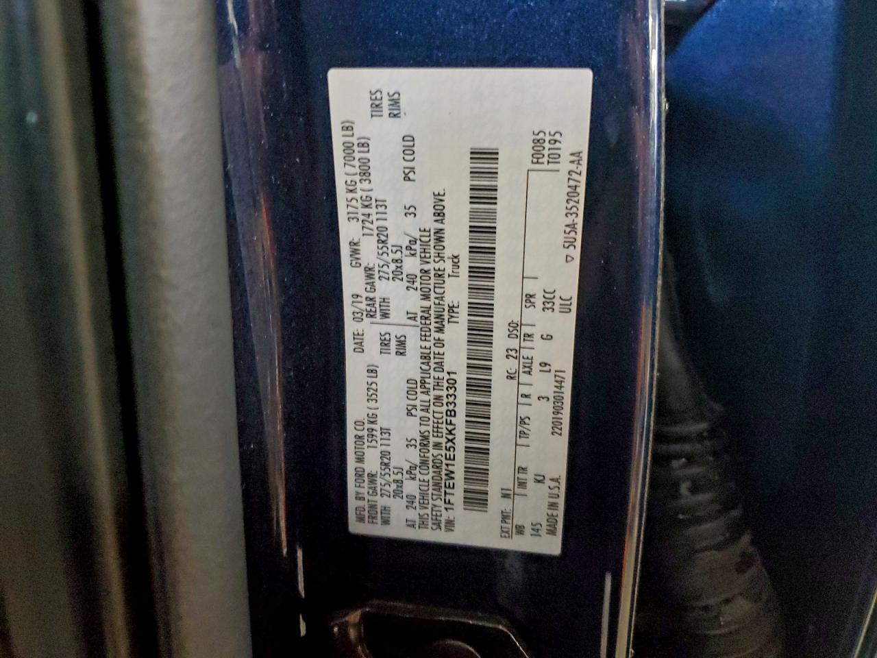 2019 Ford F150 Supercrew VIN: 1FTEW1E5XKFB33301 Lot: 94333545