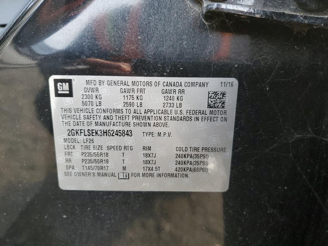 2017 GMC Terrain Sle VIN: 2GKFLSEK3H6245843 Lot: 93283065