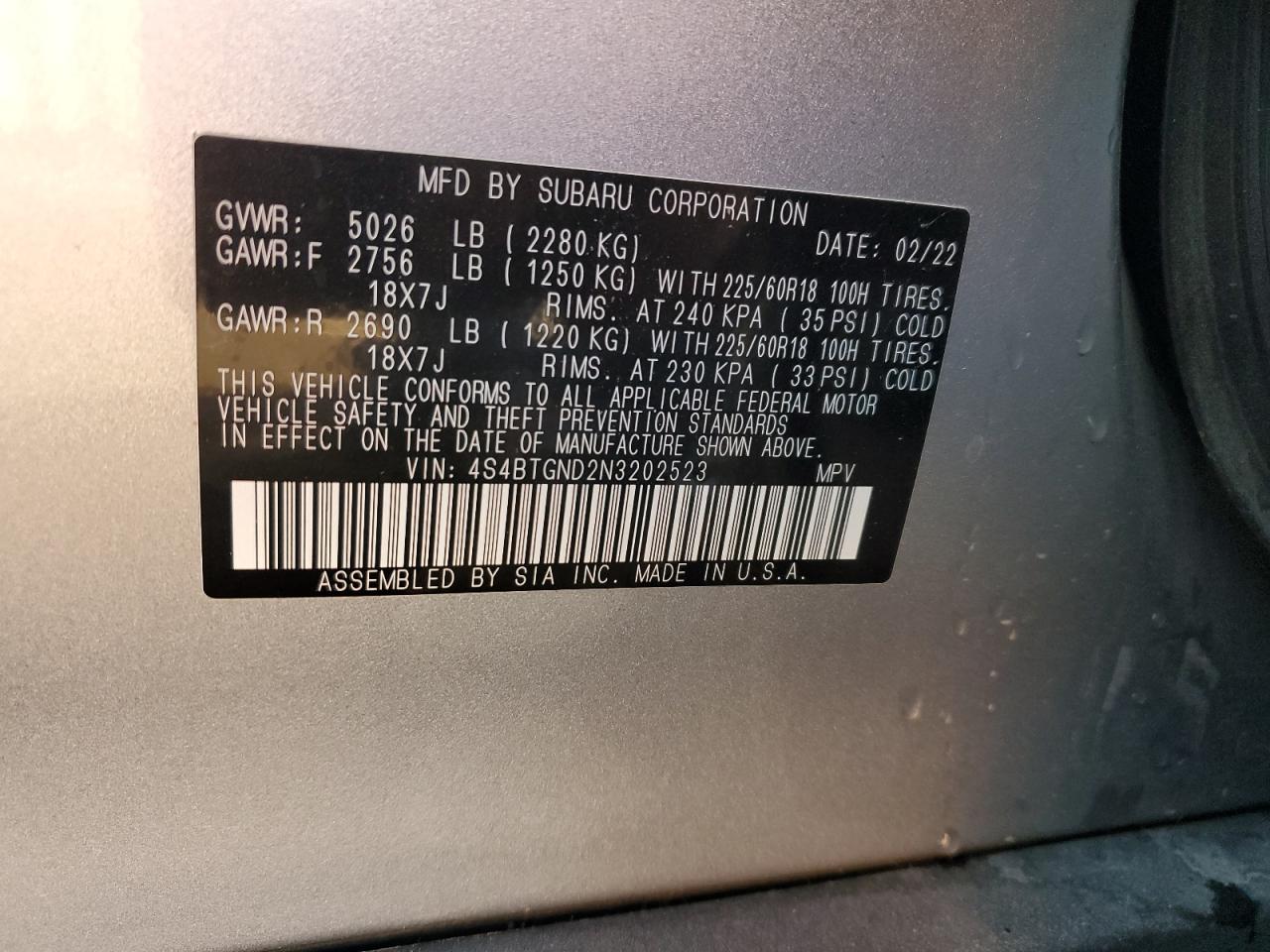 2022 Subaru Outback Limited Xt VIN: 4S4BTGND2N3202523 Lot: 91727495