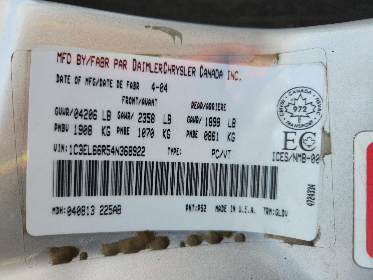 2004 Chrysler Sebring Limited VIN: 1C3EL66R54N368922 Lot: 93130475