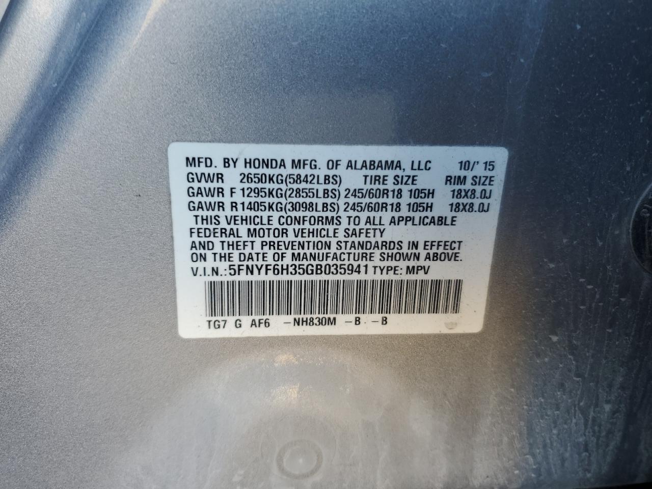 2016 Honda Pilot Ex VIN: 5FNYF6H35GB035941 Lot: 91840215