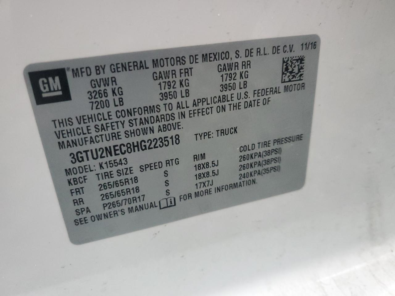 2017 GMC Sierra K1500 Slt VIN: 3GTU2NEC8HG223518 Lot: 91618335