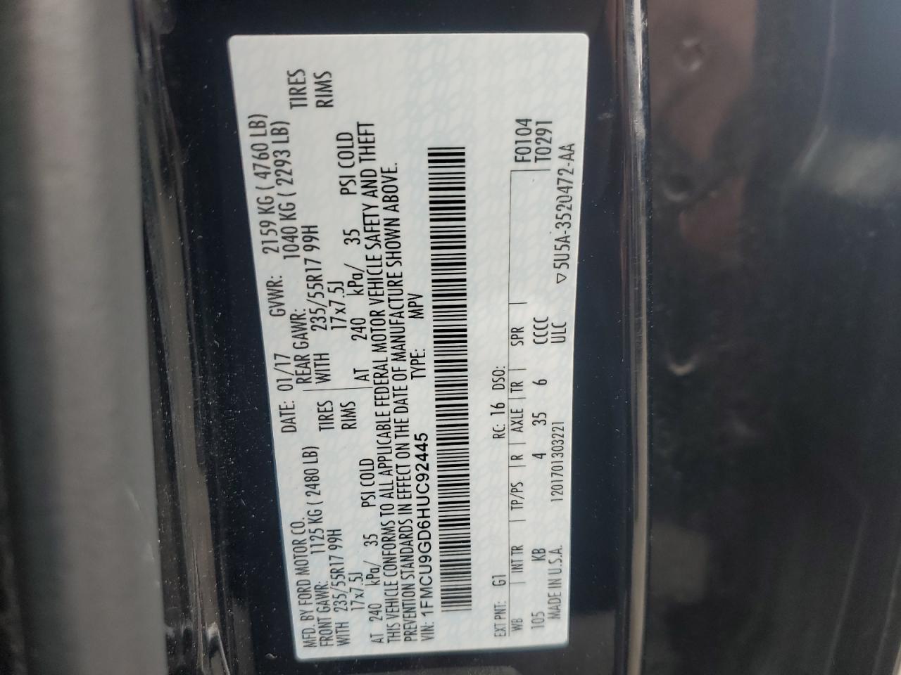 2017 Ford Escape Se VIN: 1FMCU9GD6HUC92445 Lot: 92545545