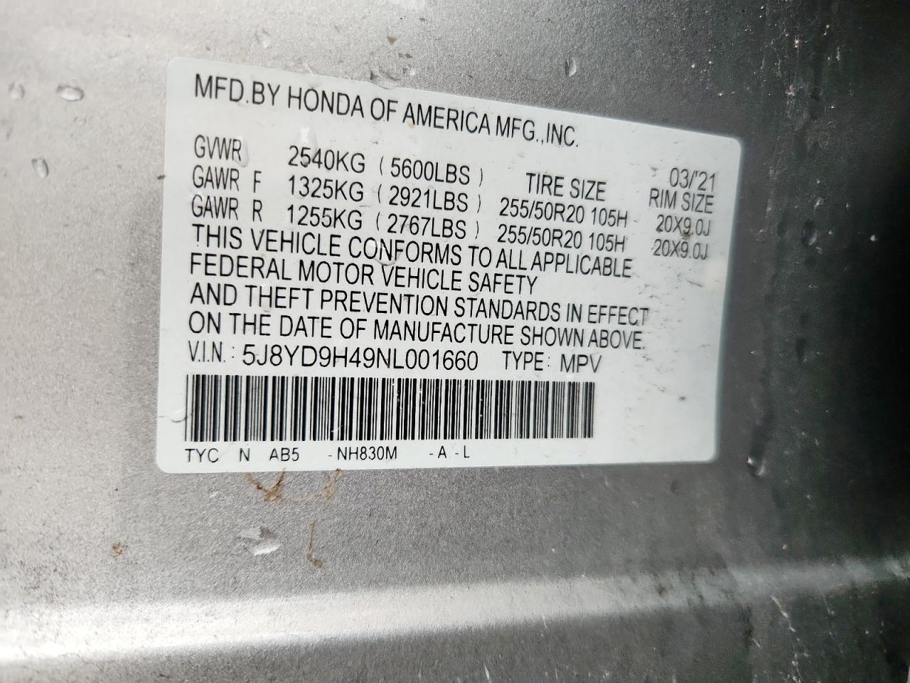 2022 Acura Mdx Technology VIN: 5J8YD9H49NL001660 Lot: 92831875