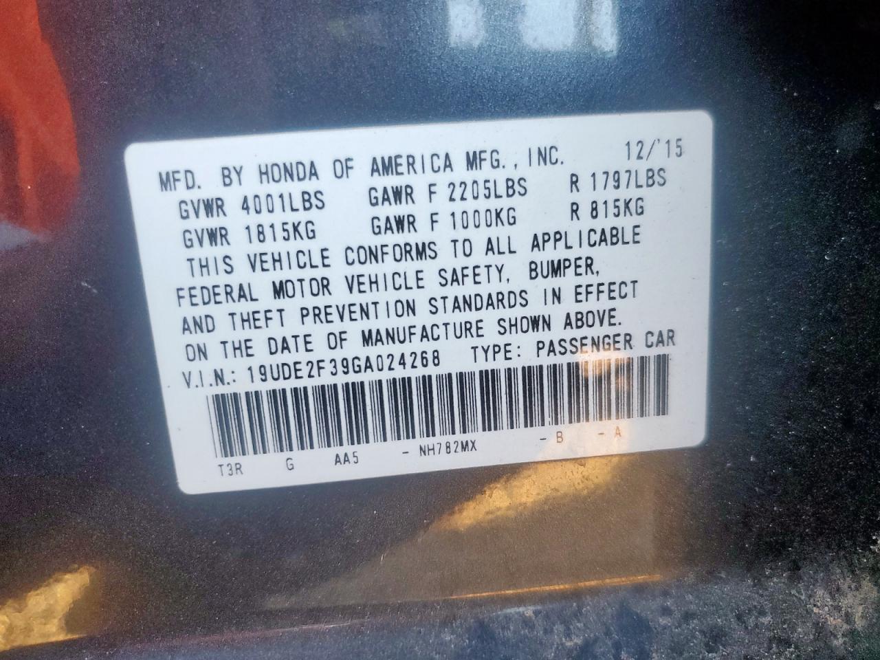 2016 Acura Ilx Base Watch Plus VIN: 19UDE2F39GA024268 Lot: 91104235