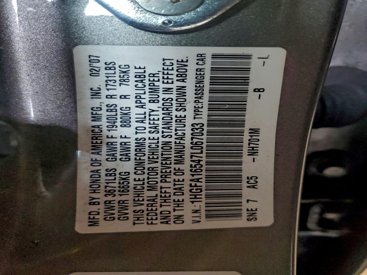 2007 Honda Civic Lx VIN: 1HGFA16547L067033 Lot: 94133305