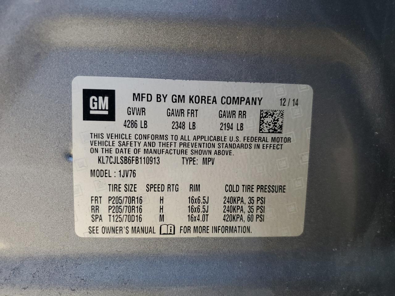 2015 Chevrolet Trax 1Lt VIN: KL7CJLSB6FB110913 Lot: 90946885