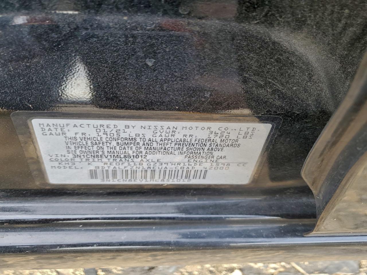 2021 Nissan Versa Sv VIN: 3N1CN8EV1ML851012 Lot: 94336515