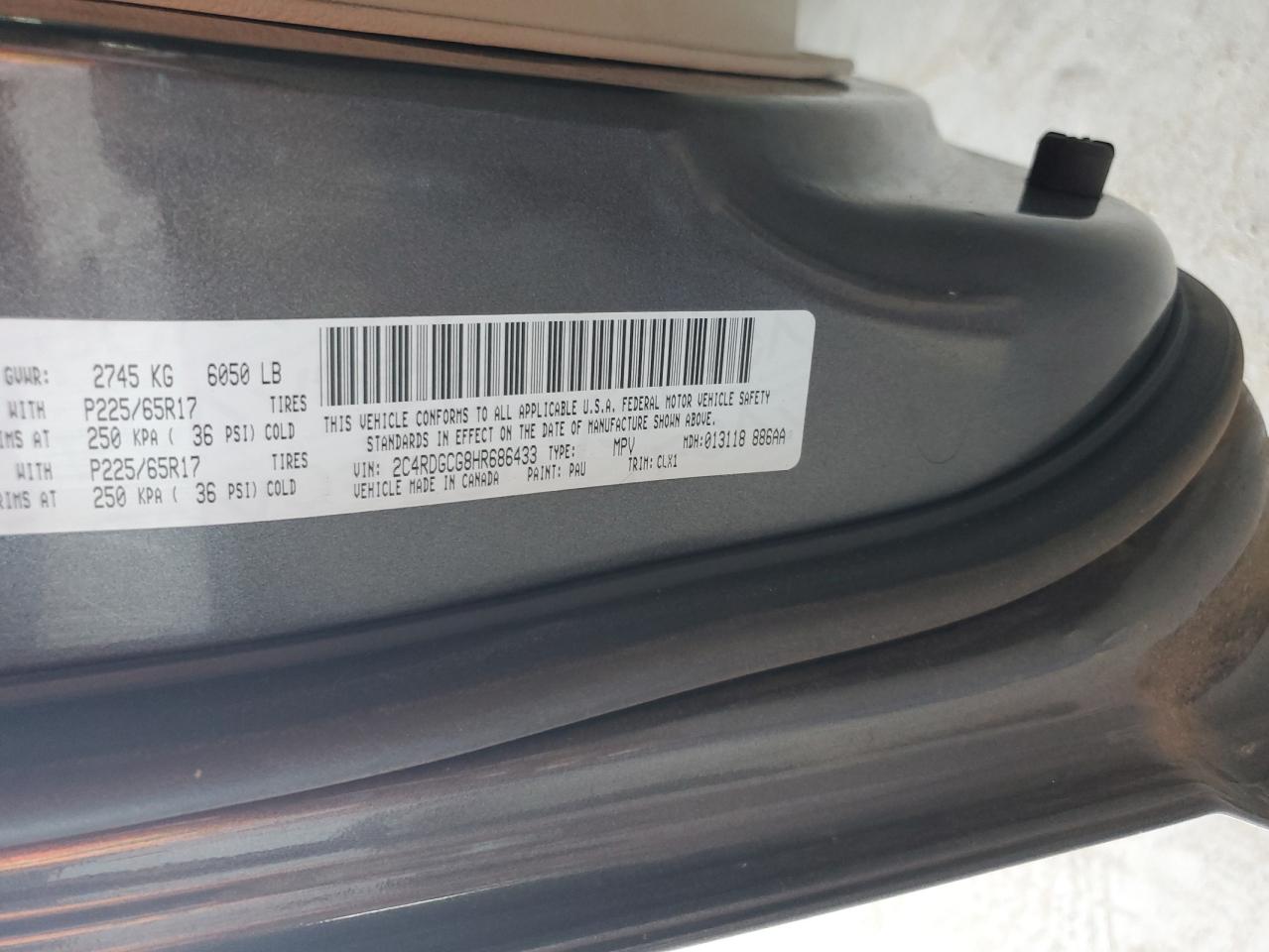 2017 Dodge Grand Caravan Sxt VIN: 2C4RDGCG8HR686433 Lot: 92950885