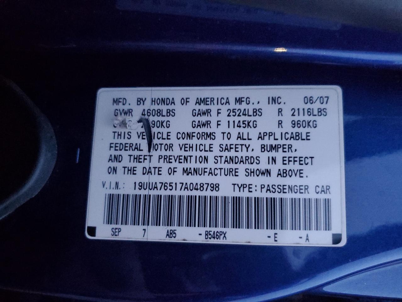 2007 Acura Tl Type S VIN: 19UUA76517A048798 Lot: 93736745