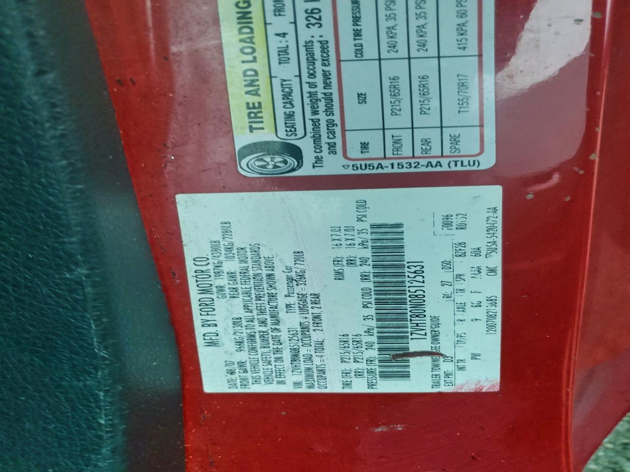 2008 Ford Mustang VIN: 1ZVHT80N085125631 Lot: 94280625