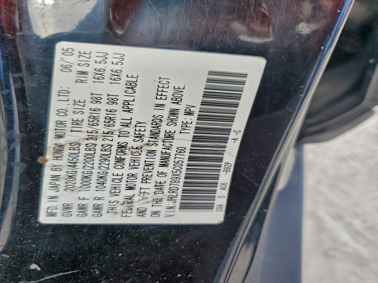 2005 Honda Cr-V Se VIN: JHLRD789X5C057760 Lot: 94454205