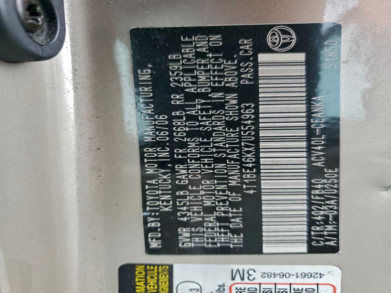 2007 Toyota Camry Ce VIN: 4T1BE46KX7U554963 Lot: 94473725