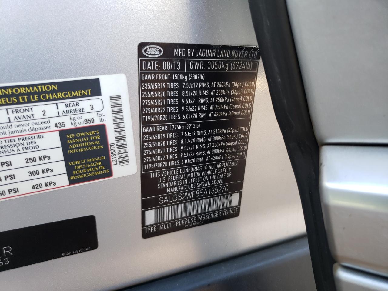 2014 Land Rover Range Rover Hse VIN: SALGS2WF8EA135270 Lot: 90722605