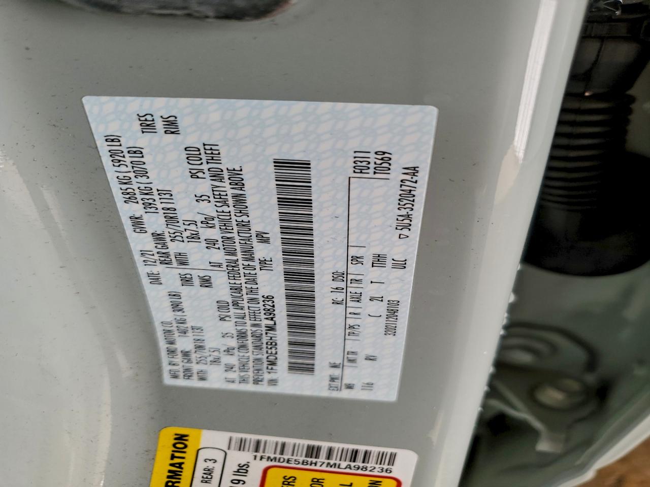 2021 Ford Bronco Base VIN: 1FMDE5BH7MLA98236 Lot: 93988315