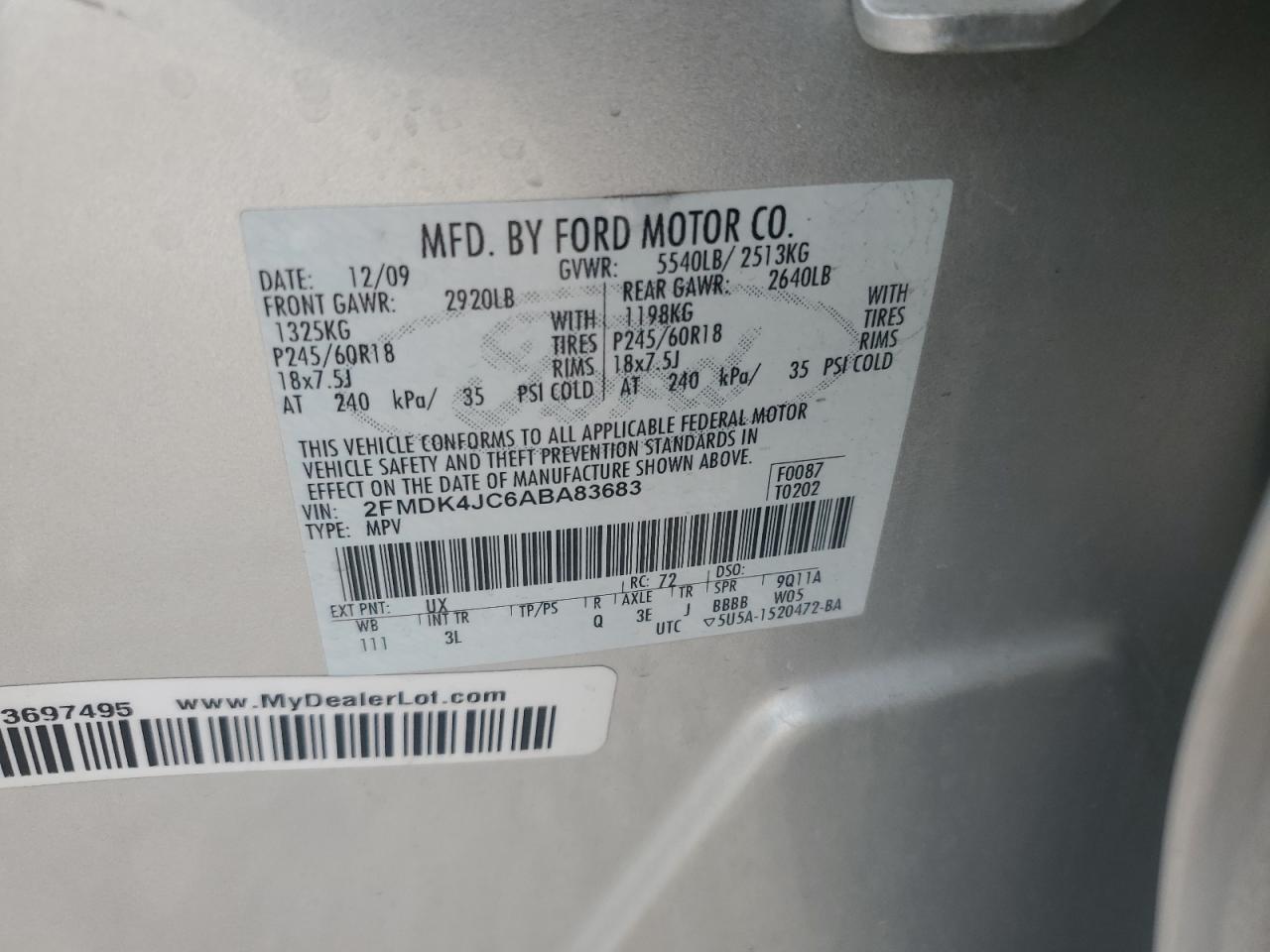 2010 Ford Edge Sel VIN: 2FMDK4JC6ABA83683 Lot: 91325575