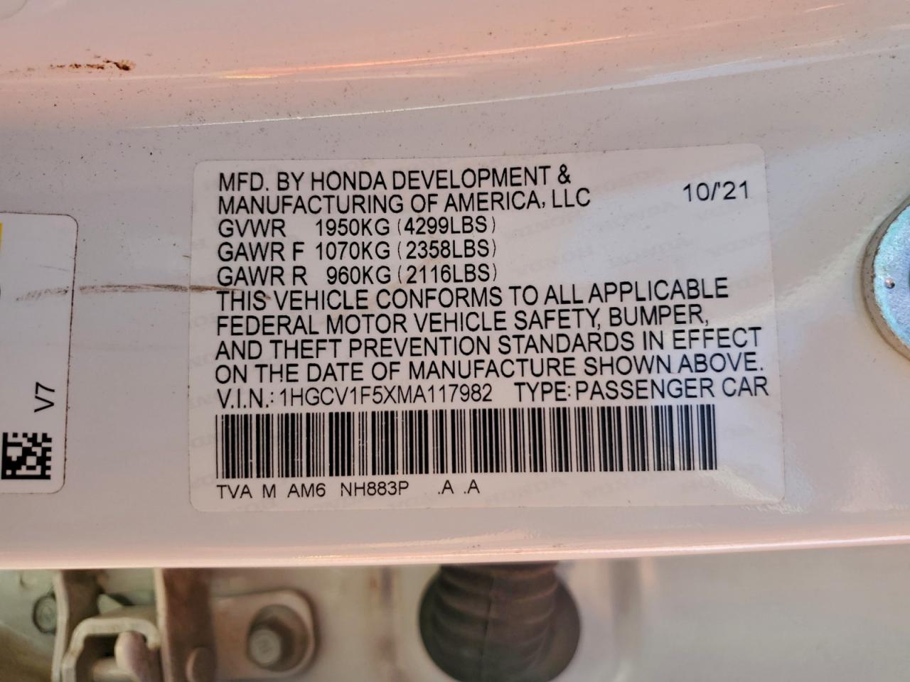 2021 Honda Accord Exl VIN: 1HGCV1F5XMA117982 Lot: 94141905