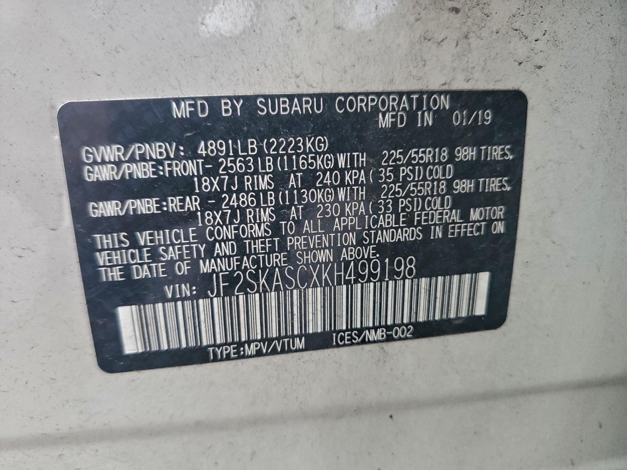 2019 Subaru Forester Limited VIN: JF2SKASCXKH499198 Lot: 92593145