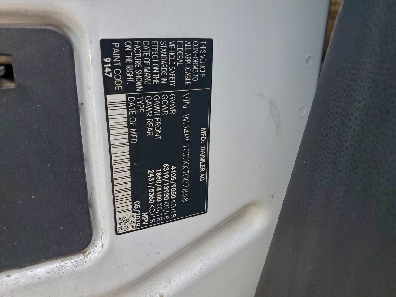 2019 Mercedes-Benz Sprinter 2500/3500 VIN: WD4PF1CDXKT007868 Lot: 94468005