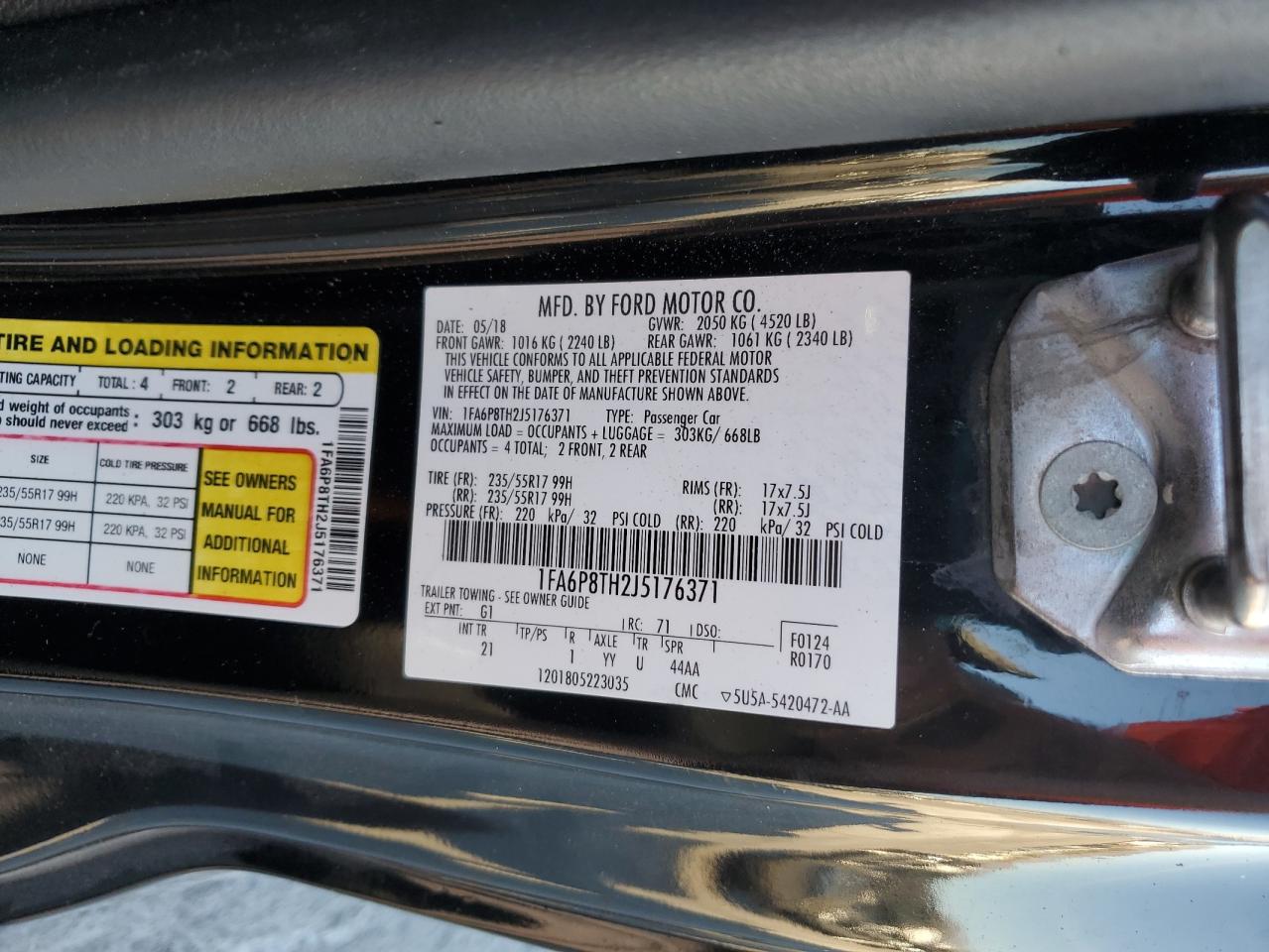 2018 Ford Mustang VIN: 1FA6P8TH2J5176371 Lot: 92123095