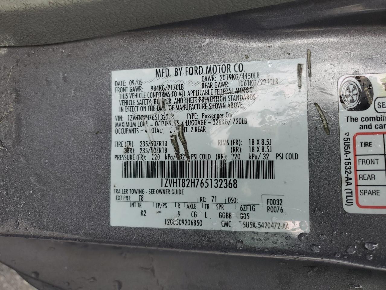 2006 Ford Mustang Gt VIN: 1ZVHT82H765132368 Lot: 92729485