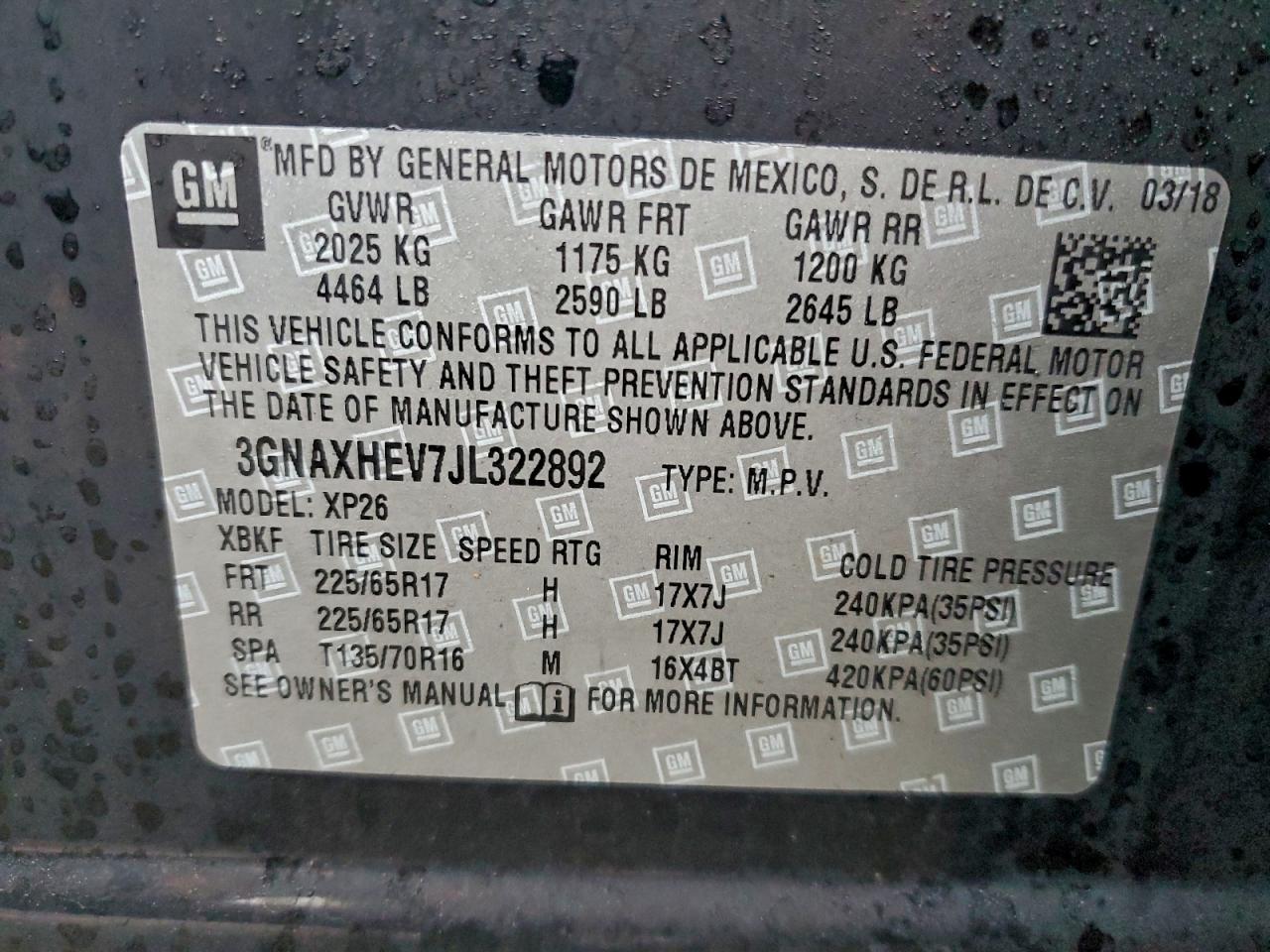 2018 Chevrolet Equinox Ls VIN: 3GNAXHEV7JL322892 Lot: 94070595