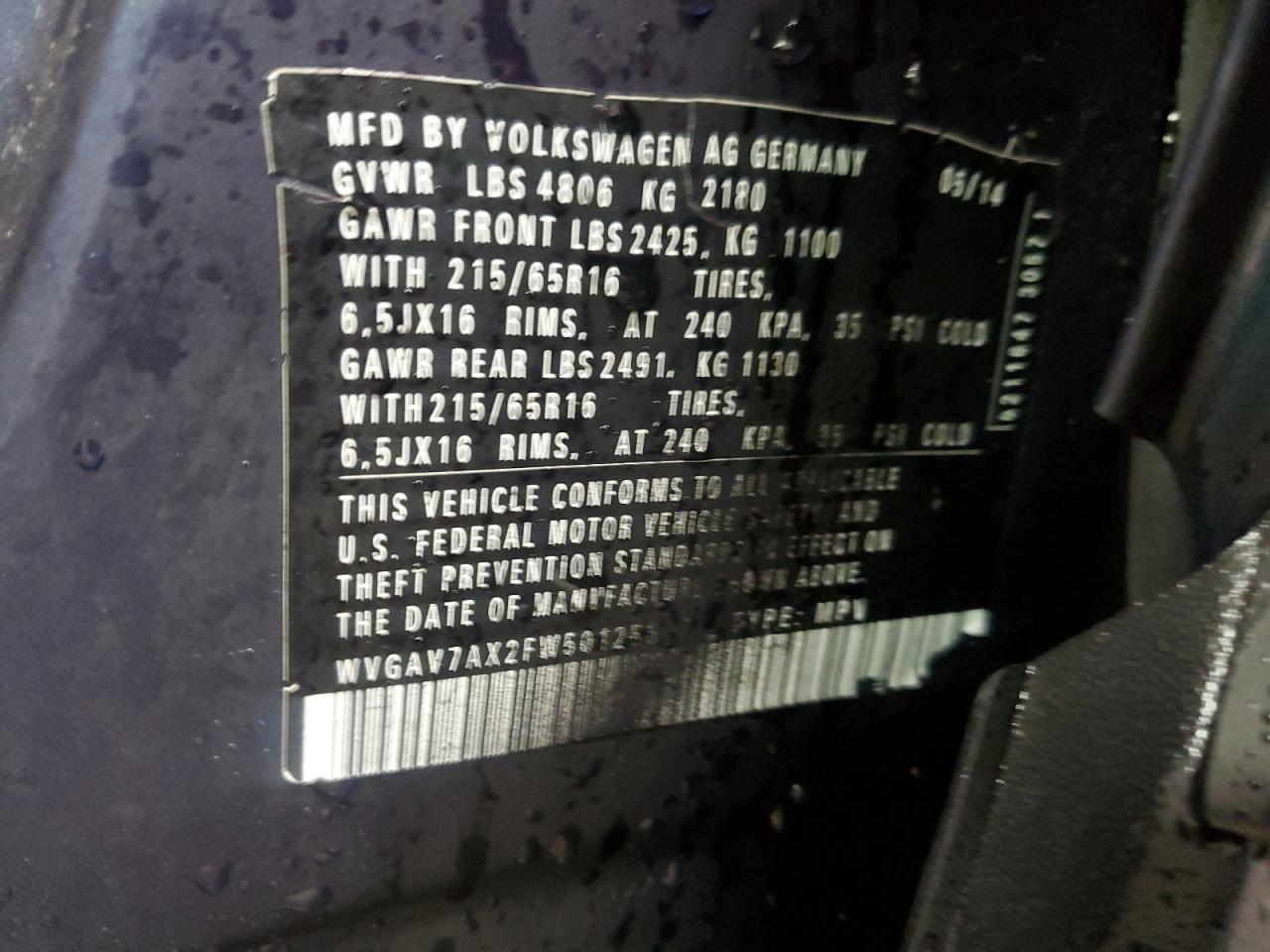 2015 Volkswagen Tiguan S VIN: WVGAV7AX2FW501256 Lot: 93346535