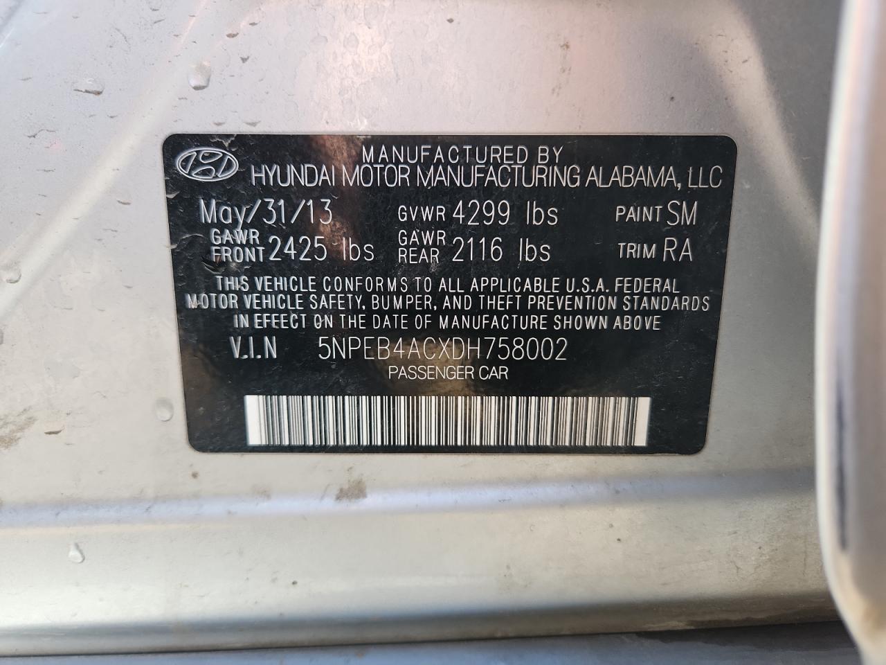 2013 Hyundai Sonata Gls VIN: 5NPEB4ACXDH758002 Lot: 91101535