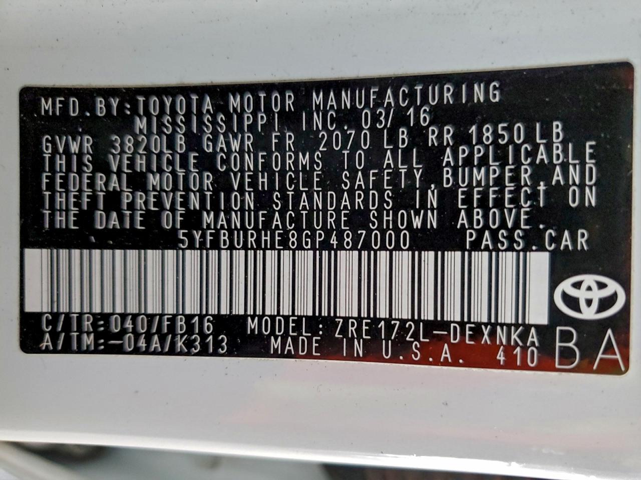 2016 Toyota Corolla L VIN: 5YFBURHE8GP487000 Lot: 94377895