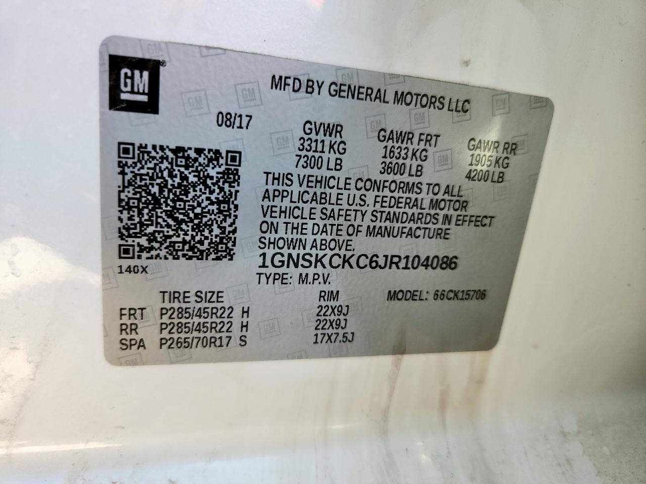 2018 Chevrolet Tahoe K1500 Premier VIN: 1GNSKCKC6JR104086 Lot: 92424015