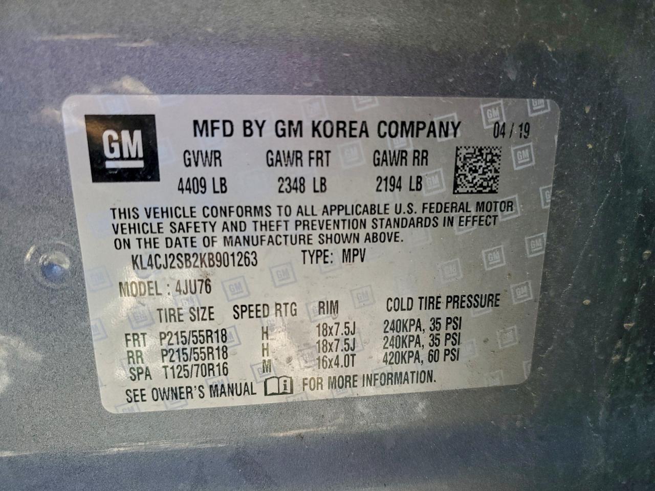 2019 Buick Encore Sport Touring VIN: KL4CJ2SB2KB901263 Lot: 94453845