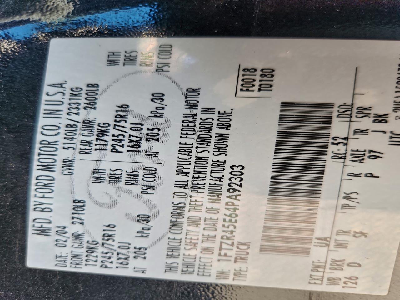 2004 Ford Ranger Super Cab VIN: 1FTZR45E64PA92303 Lot: 93689695