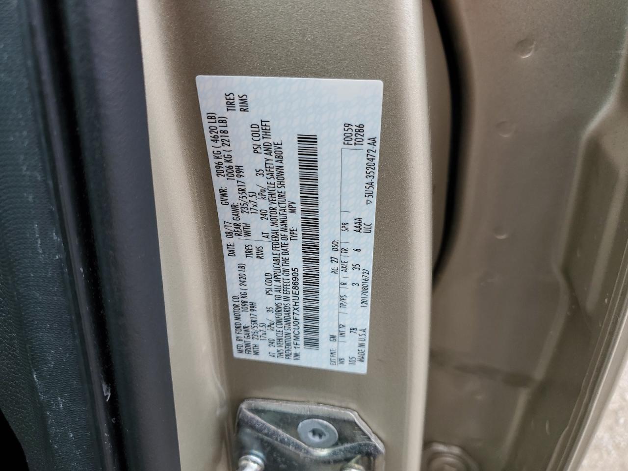 2017 Ford Escape S VIN: 1FMCU0F7XHUE86905 Lot: 93374385