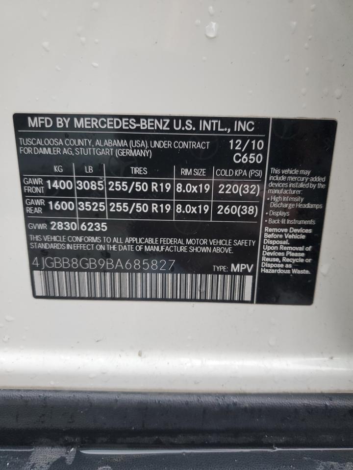 2011 Mercedes-Benz Ml 350 4Matic VIN: 4JGBB8GB9BA685827 Lot: 93523455