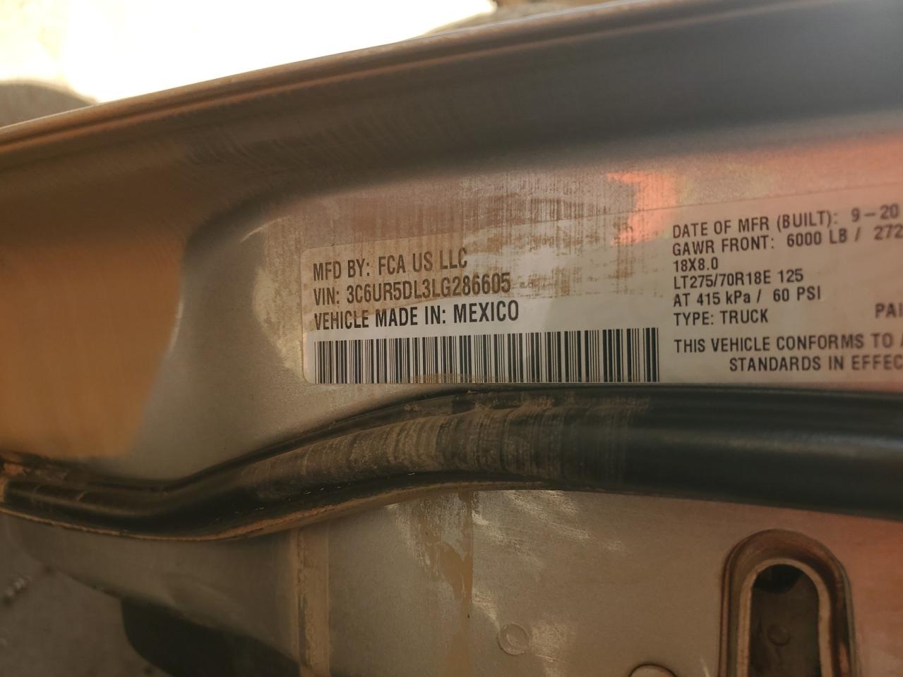 2020 Ram 2500 Big Horn VIN: 3C6UR5DL3LG286605 Lot: 87377745