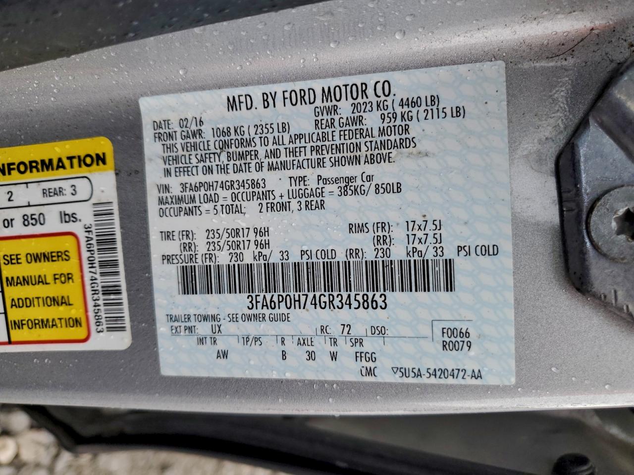 2016 Ford Fusion Se VIN: 3FA6P0H74GR345863 Lot: 93956645