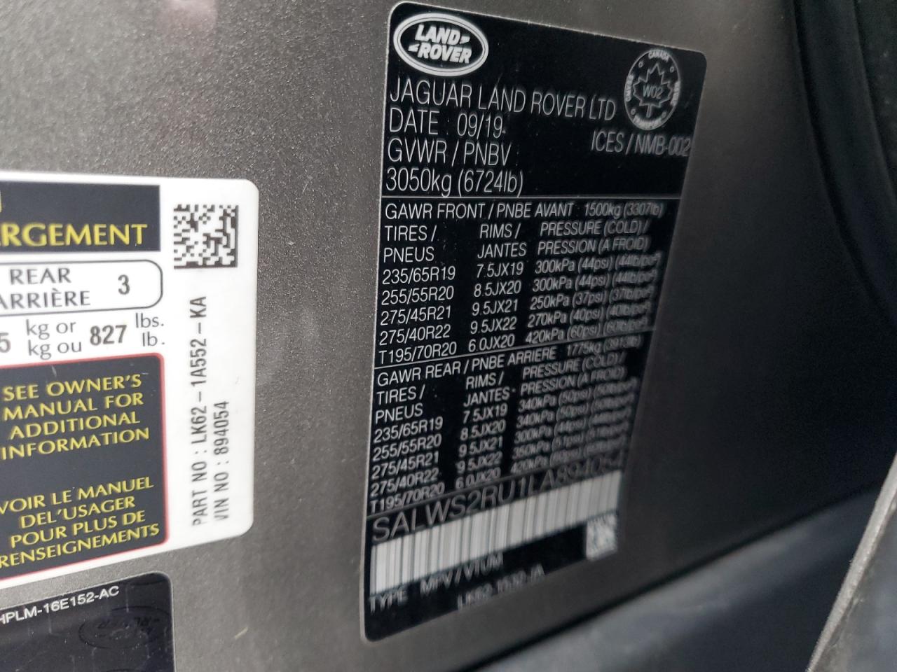 2020 Land Rover Range Rover Sport Hst VIN: SALWS2RU1LA894054 Lot: 90450315