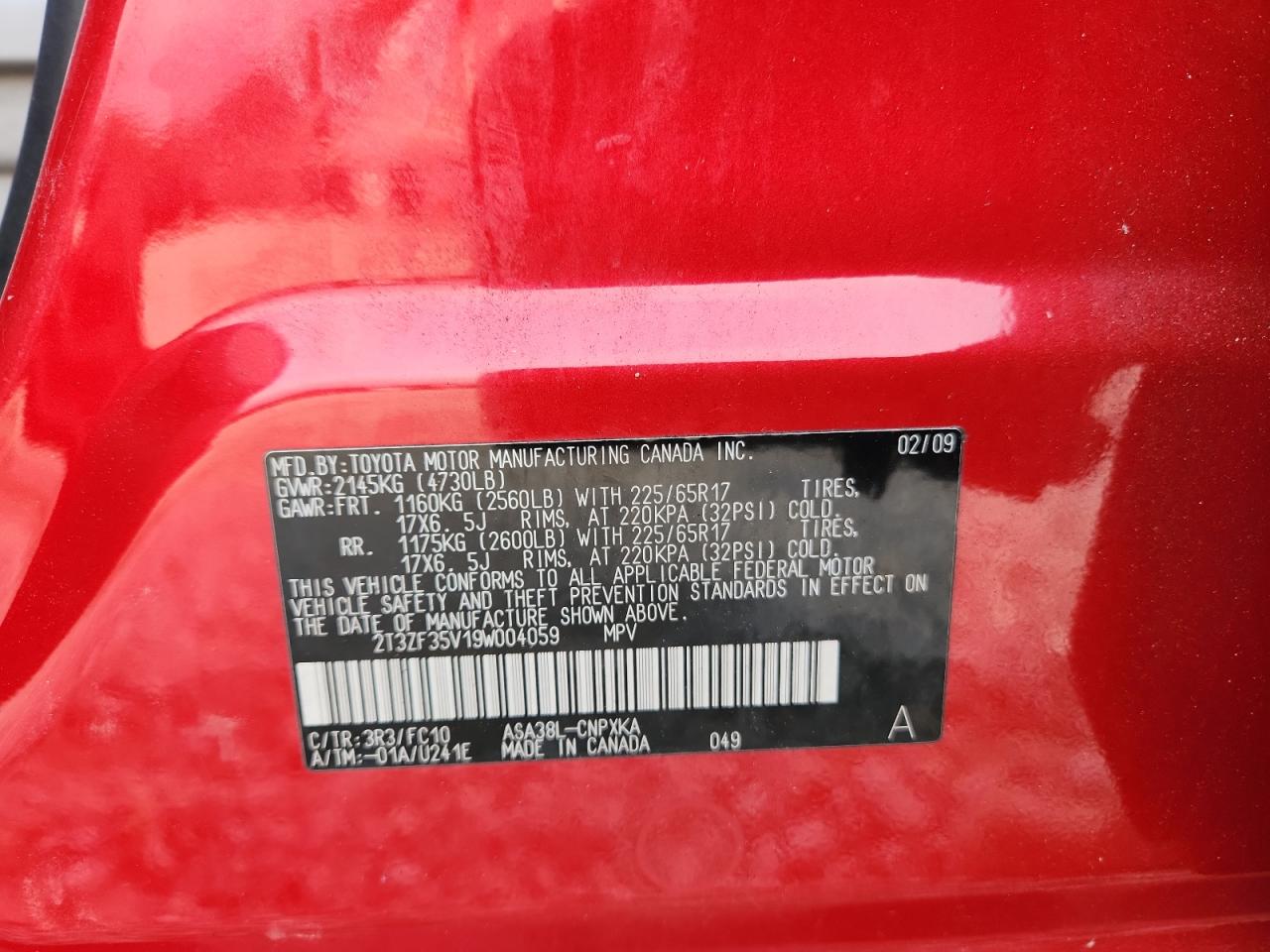 2009 Toyota Rav4 VIN: 2T3ZF35V19W004059 Lot: 92909695