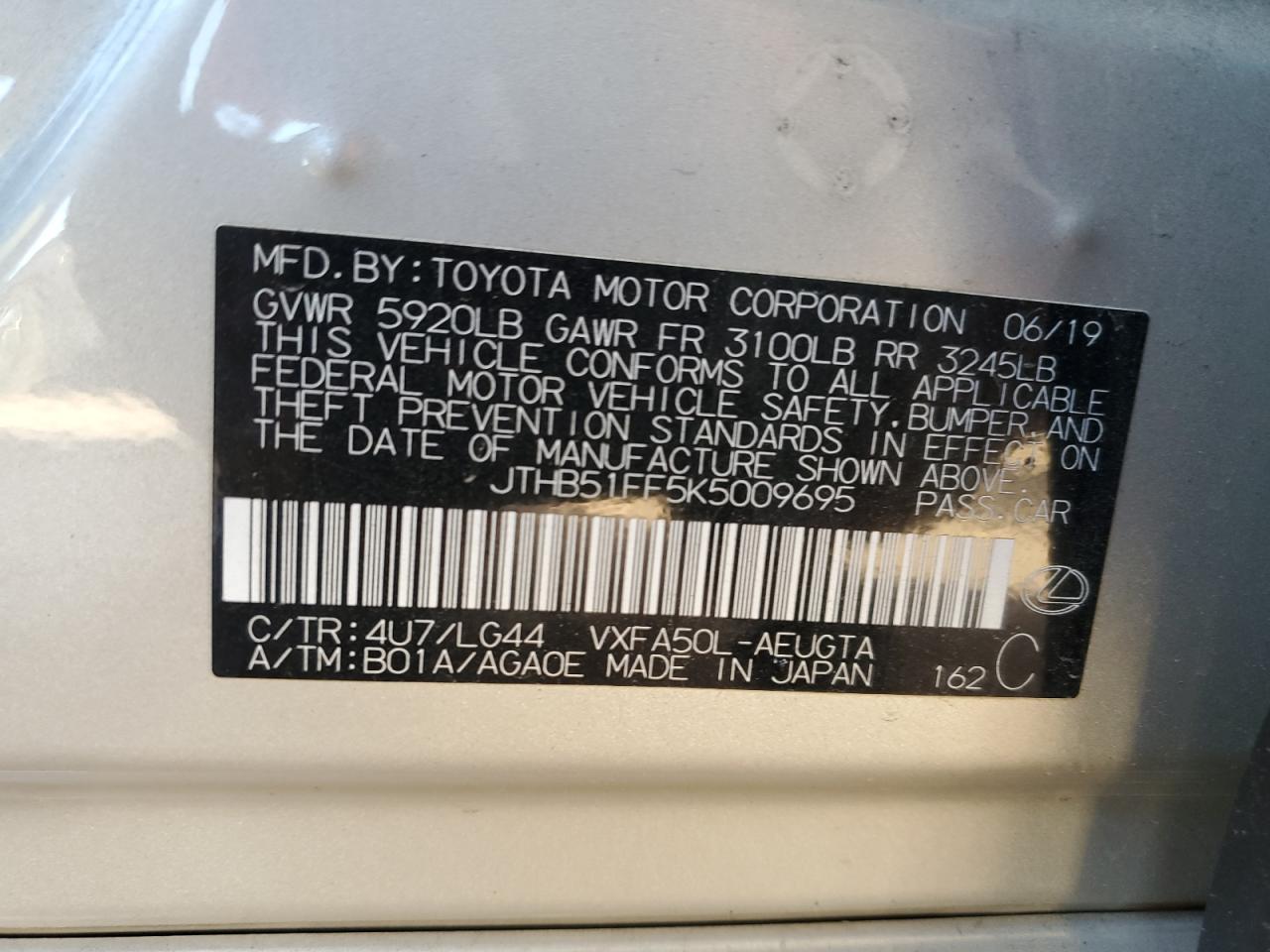 2019 Lexus Ls 500 Base VIN: JTHB51FF5K5009695 Lot: 90913205