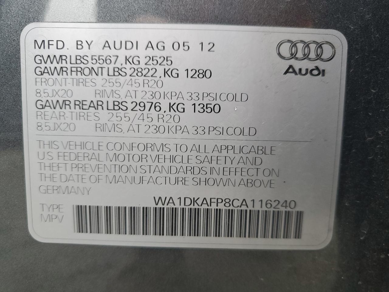 2012 Audi Q5 Premium Plus VIN: WA1DKAFP8CA116240 Lot: 93317685